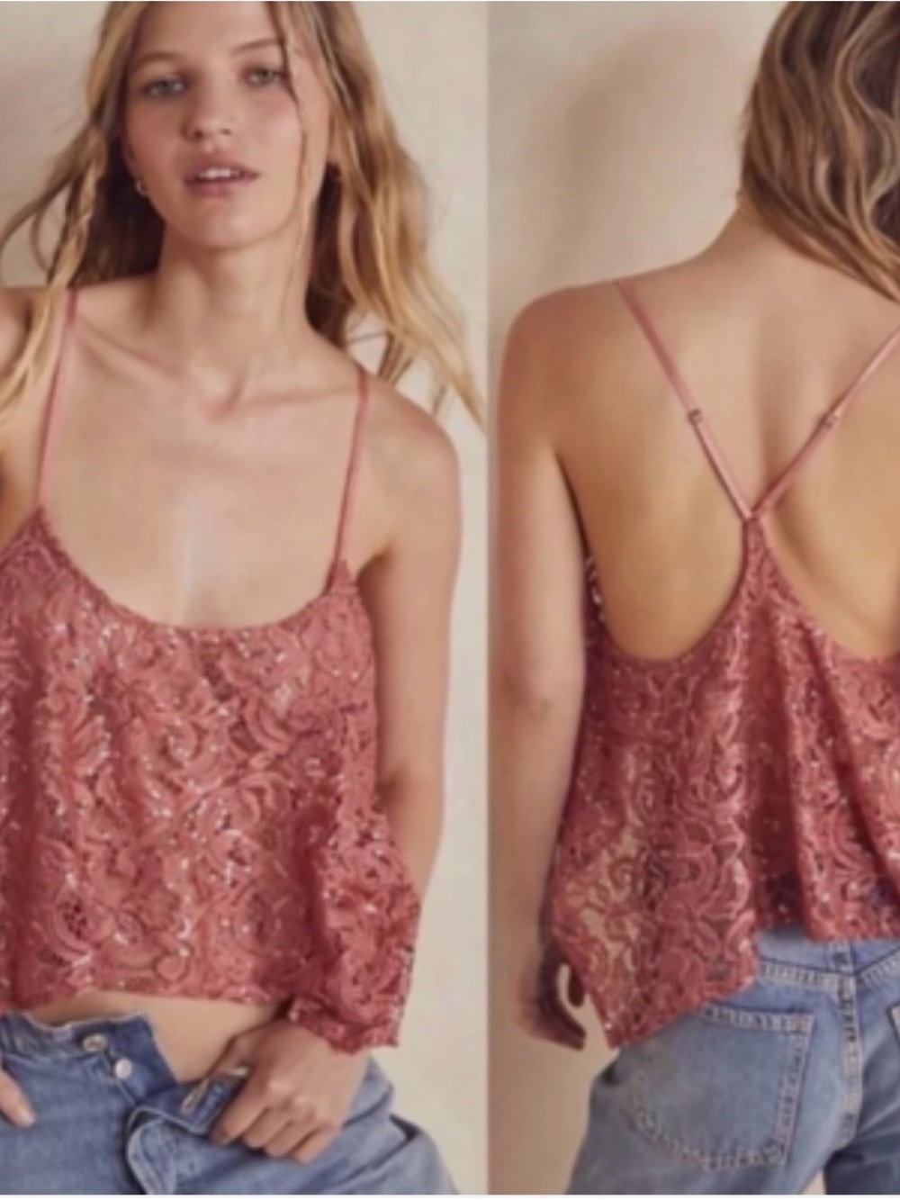 Free People Dusty Rose Sequin Lace Cami